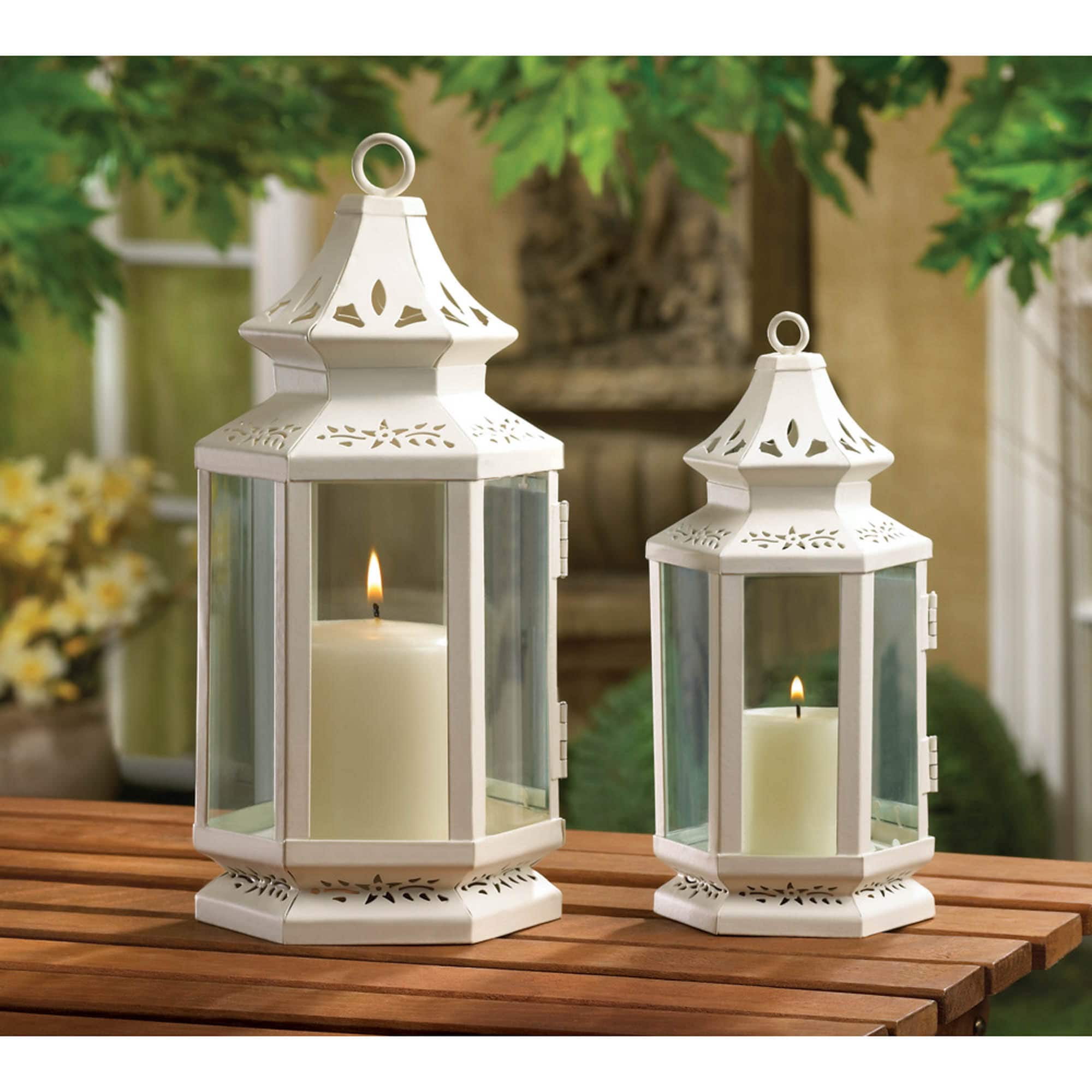 8" White Metal Victorian Lantern with Floral Cutouts